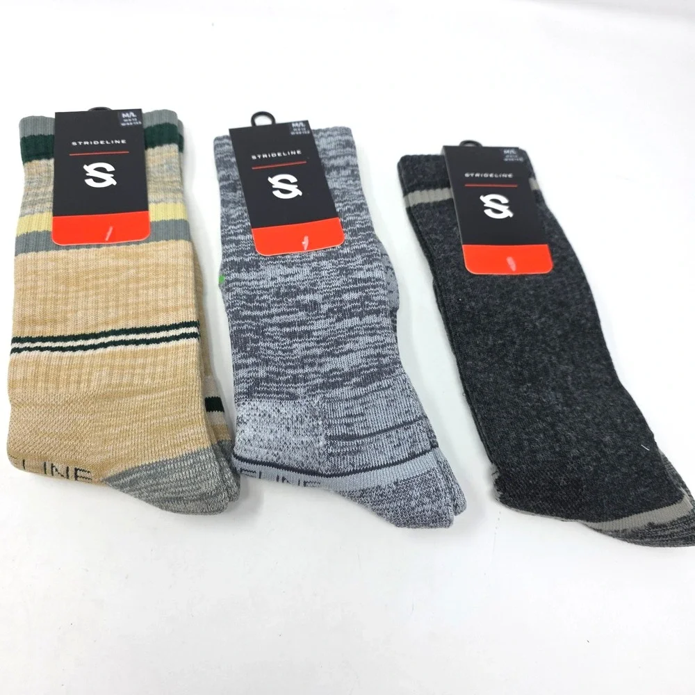 Strideline Performance Crew Socks Lot 3 Men M/L 8-12 Gray Green Wool Blend NWT